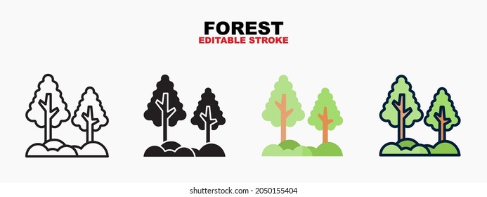 Forest icon symbol set of outline, solid, flat and filled outline style. Isolated on white background. Editable stroke. Can be used for web, mobile, ui and more.