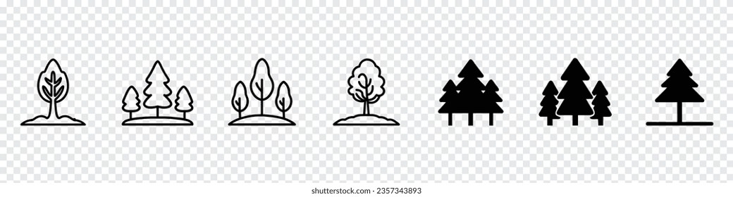 icono de bosque, icono de árbol. Conjunto de vector de árbol. Colección de iconos lineales. Iconos vectoriales de árbol de pino, árboles vintage y siluetas de bosque monocromo ilustraciones vectoriales aisladas de estilo monocromo