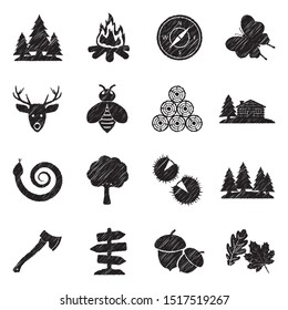 Forest Icons. Black Scribble Design. Vector Illustration.