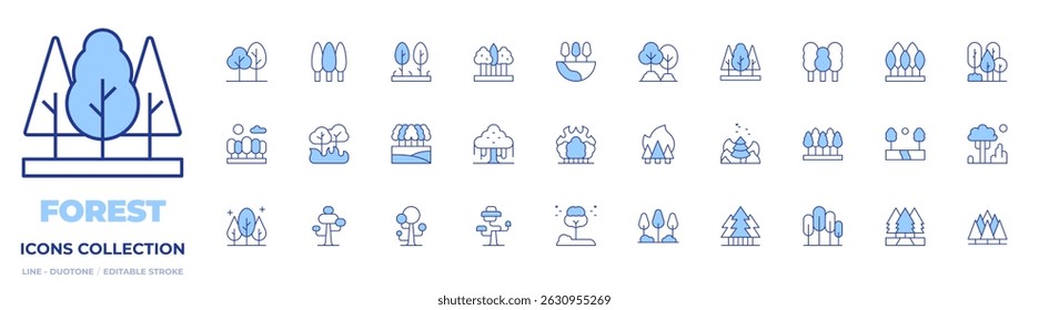 Forest icons collection. Line Duotone style, editable stroke. tree, forest fire, trees, forest, wildfire, nature.