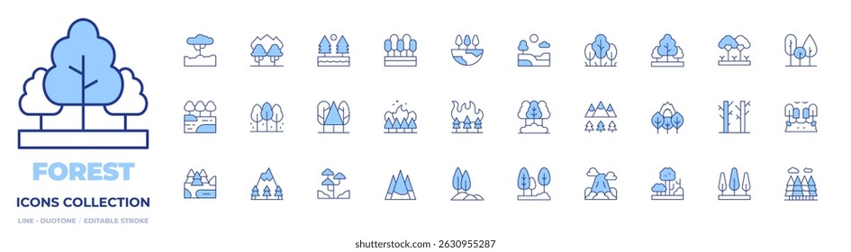 Forest icons collection. Line Duotone style, editable stroke. lake, forest, rainforest, hill, landscape, trees, tree, wildfire, mountain, forest fire.