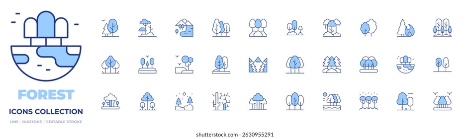Forest icons collection. Line Duotone style, editable stroke. forest, tree, trees, lake, dry tree, garden, forest fire, earth, wood, rainforest.