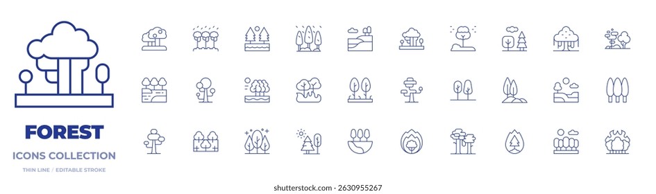 Coleção de ícones da floresta. Ícones de linha fina, traço editável. lago, paisagem, árvore, árvores, floresta tropical, fogo selvagem, floresta, fogo florestal, colina.