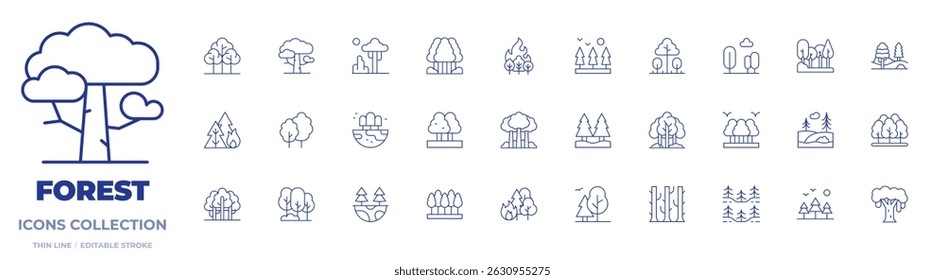 Colección de iconos de bosque. Iconos de línea delgada, trazo editable. bosque, incendio forestal, árboles, ecología, bosque, tierra, incendio forestal, campo, árbol.