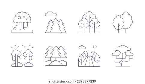 Waldsymbole. Bearbeitbarer Strich. Mit Apfelbaum, Regenwald, Wald, Straße, Bäume, Baum.