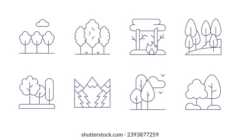 Iconos del bosque. Trazo editable. Conteniendo árboles, bosques, incendios forestales, naturaleza.