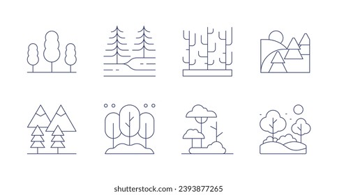 Forest icons. Editable stroke. Containing mountain, tree, forest, forest fire, landscape.