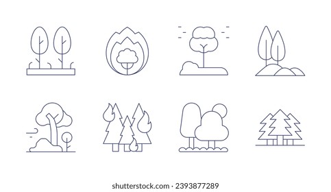 Forest icons. Editable stroke. Containing trees, wildfire, tree, burning, forest, hill, pines.