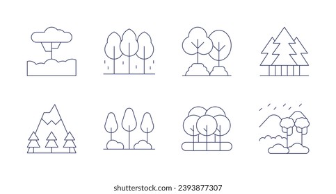 Forest icons. Editable stroke. Containing tree, mountain, forest, rainforest.