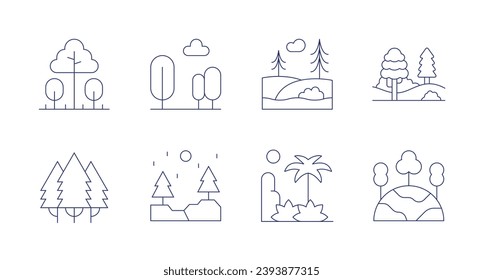 Forest icons. Editable stroke. Containing trees, forest, field, rainforest, green planet.