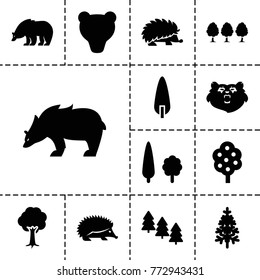 Forest icons. set of 13 editable filled forest icons such as tree, pine tree, bear, hedgehog