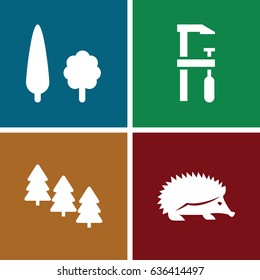 Forest icons set. set of 4 forest filled icons such as pine tree, hedgehog, chainsaw