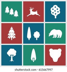 Forest icons set. set of 9 forest filled icons such as tree, pine tree, bear, deer