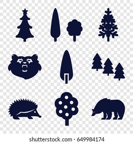 Forest icons set. set of 9 forest filled icons such as tree, pine tree, bear