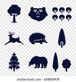 Forest icons set. set of 9 forest filled icons such as tree, bear, hedgehog, deer