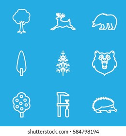 forest icons set. Set of 9 forest outline icons such as bear, hedgehog, deer, tree, chainsaw