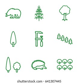 Forest icons set. set of 9 forest outline icons such as bear, hedgehog, tree, pine tree, chainsaw