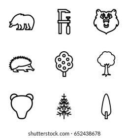 Forest icons set. set of 9 forest outline icons such as bear, hedgehog, tree, chainsaw