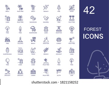 forest icons set. Collection of forest with birch, palm tree, branch, pine, wood, cabin, mushroom, squirrel, tree, mushrooms, eruption, volcano. Editable and scalable forest icons.