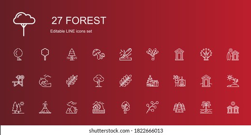 forest icons set. Collection of forest with branch, tree, tsunami, avalanche, volcano, trees, campfire, christmas tree, bench, cabin, palm tree. Editable and scalable forest icons.