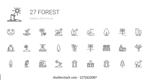 forest icons set. Collection of forest with cabin, cabins, drought, tsunami, tree, bench, palm tree, birch, eruption, trees, pine, christmas tree. Editable and scalable forest icons.
