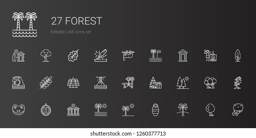 forest icons set. Collection of forest with palm tree, sleeping bag, cabins, chestnut, frog, trees, christmas tree, bench, eruption, branch. Editable and scalable forest icons.