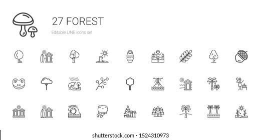 forest icons set. Collection of forest with palm tree, christmas tree, frog, tsunami, cabin, cabins, eruption, tree, branch, lake, sleeping bag. Editable and scalable forest icons.