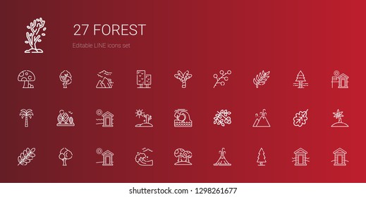 forest icons set. Collection of forest with tree, volcano, mushroom, tsunami, cabin, branch, eruption, viburnum, drought, palm tree, oak leaf. Editable and scalable forest icons.