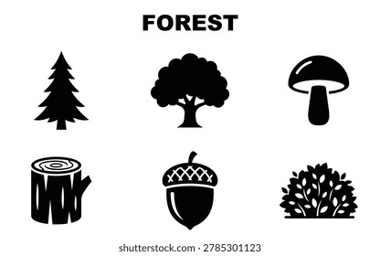 Forest Icons Set Featuring Trees, Mushroom, Stump, Acorn and Bush