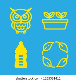 forest icons set with feeder, big owl and leaves vector set