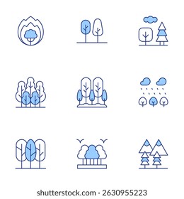 Forest icons set. Line Duotone style, editable stroke. wildfire, forest, tree, mountain.