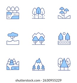 Forest icons set. Line Duotone style, editable stroke. lake, forest, rainforest, tree, wildfire, mountain.