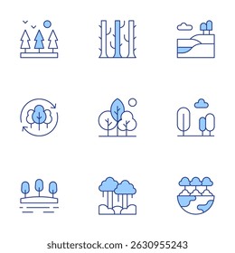 Forest icons set. Line Duotone style, editable stroke. forest, woodland, landscape, reforestation, nature, lake, rainforest.