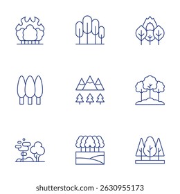 Forest icons set. Thin Line style, editable stroke. wildfire, forest, forest fire, tree.
