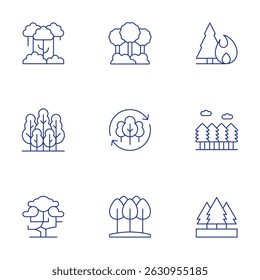 Forest icons set. Thin Line style, editable stroke. tree, reforestation, forest, forest fire.