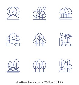 Forest icons set. Thin Line style, editable stroke. trees, forest fire, tree, woods, forest, rainforest, nature.