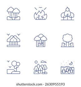 Forest icons set. Thin Line style, editable stroke. rainforest, nature, wood, forest, forest fire, deforestation.