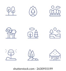 Forest icons set. Thin Line style, editable stroke. tree, landscape, forest, forest fire, hill.