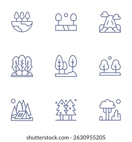 Forest icons set. Thin Line style, editable stroke. mountain, tree, forest, nature, tent, pine tree.