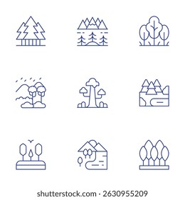 Forest icons set. Thin Line style, editable stroke. lanscape, sequoia, lake, forest, rainforest.