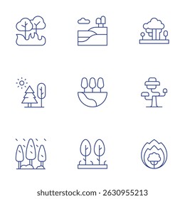 Forest icons set. Thin Line style, editable stroke. landscape, trees, tree, wildfire, forest fire, forest.