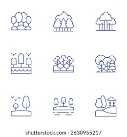 Forest icons set. Thin Line style, editable stroke. forest, forest fire, lake, landscape.
