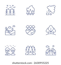 Forest icons set. Thin Line style, editable stroke. deforestation, rainforest, landscape, forest, road, wildfire.
