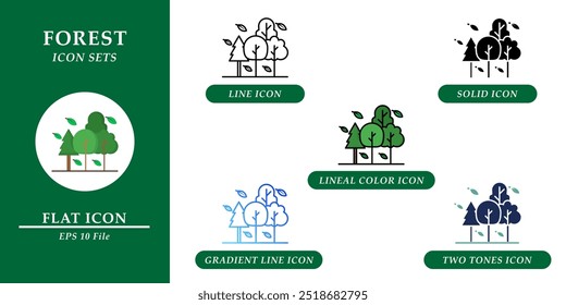 Conjuntos de ícones da floresta. Conceito de ambiente natural. Vários ícones de estilo no plano de fundo isolado para web design, símbolo, sinal, apresentação e infográficos. EPS 10. 