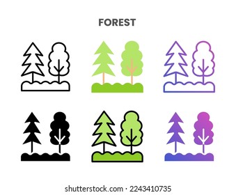 Forest icons vector illustration set line, flat, glyph, outline color gradient. Great for web, app, presentation and more. Editable stroke and pixel perfect.