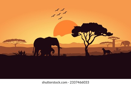 Forest illustration with animals silhouettes. 