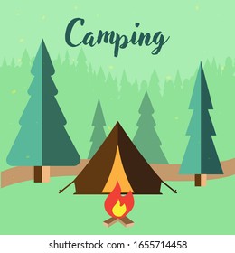 Forest illustration in flat style with tent and campfire. Background for summer camp, nature tourism, camping design concept. Stock vector illustration
