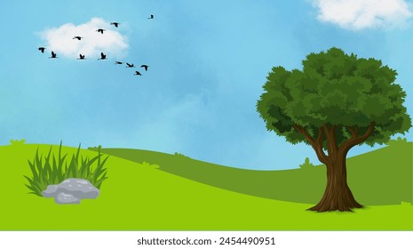forest illustration with grass, trees and birds. 