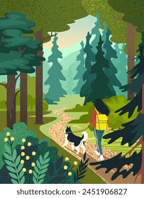 Forest illustration. Path in woods. trees. Woman walking with dog. Woodland landscape. Natural park. Holiday in nature. Summer hiking travel card. Trees foliage and flowers. Vector background design