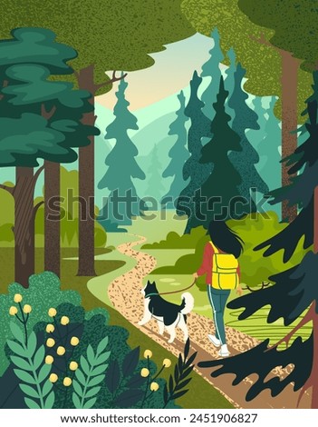 Forest illustration. Path in woods. trees. Woman walking with dog. Woodland landscape. Natural park. Holiday in nature. Summer hiking travel card. Trees foliage and flowers. Vector background design